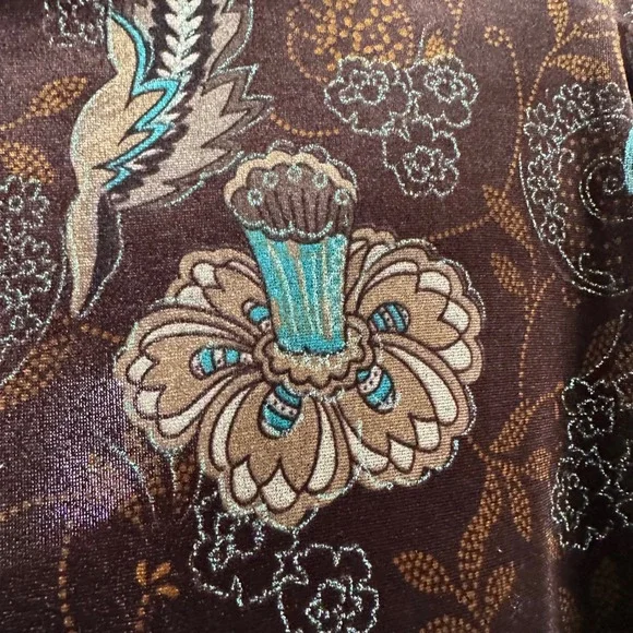 Briggs New York Petite PXL Chocolate Brown Teal Floral Velvet Cowl Neck Top - Picture 8 of 8